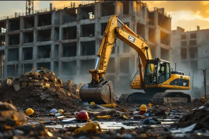Beschadigde graafmachine en gereedschap op onbeveiligde bouwplaats tijdens gouden uur, toont behoefte aan bewaking