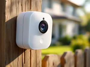 Witte draadloze beveiligingscamera gemonteerd op houten hekpaal met zichtbare batterijcompartiment en woonwijk op achtergrond