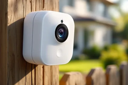 Witte draadloze beveiligingscamera gemonteerd op houten hekpaal met zichtbare batterijcompartiment en woonwijk op achtergrond