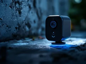 Zwarte draadloze beveiligingscamera met blauwe batterij-indicator LED op betonnen ondergrond met dramatische belichting