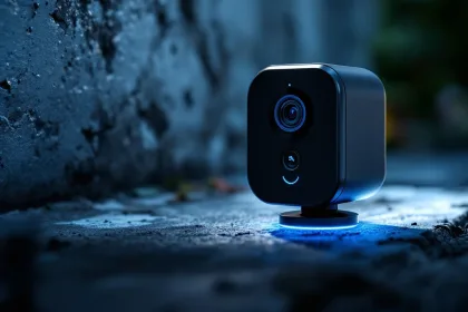 Zwarte draadloze beveiligingscamera met blauwe batterij-indicator LED op betonnen ondergrond met dramatische belichting