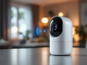 Witte draadloze beveiligingscamera met donkere lens op glanzende ondergrond, blauwe signaalstralen zichtbaar