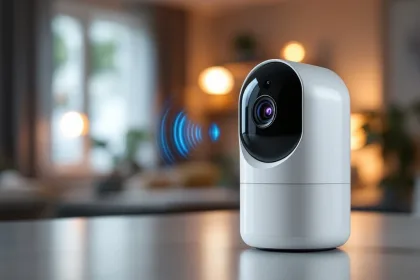 Witte draadloze beveiligingscamera met donkere lens op glanzende ondergrond, blauwe signaalstralen zichtbaar