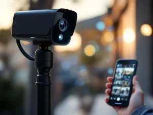 Zwarte beveiligingscamera op telescoopstang met blauwe LED-indicatoren, verbonden met smartphone-app voor bewaking