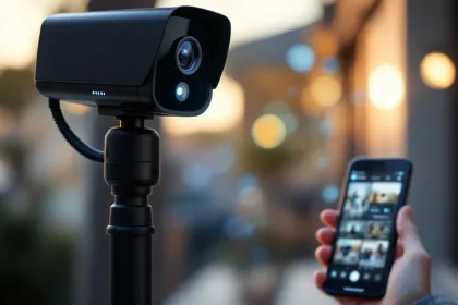 Zwarte beveiligingscamera op telescoopstang met blauwe LED-indicatoren, verbonden met smartphone-app voor bewaking