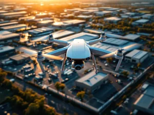 Witte beveiligingsdrone met camera's boven industrieel complex tijdens gouden uur met bewakingszones