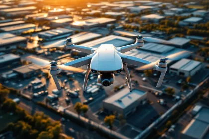Witte beveiligingsdrone met camera's boven industrieel complex tijdens gouden uur met bewakingszones