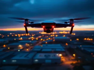 Surveillancedrones patrouilleren bij schemering boven industrieel complex met beveiligingsverlichting en omheining