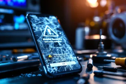 Smartphone met bevroren beveiligingscamera-interface en foutmeldingen op gebarsten scherm, omringd door reparatiegereedschap