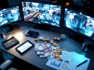 Moderne beveiligingscontrolekamer met monitors, euro bankbiljetten, calculator en tablet voor mobiele bewakingsdiensten