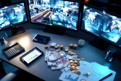 Moderne beveiligingscontrolekamer met monitors, euro bankbiljetten, calculator en tablet voor mobiele bewakingsdiensten