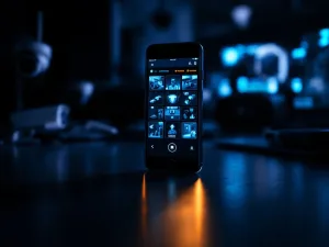 Smartphone toont live beveiligingscamera-interface met blauw LED-licht en bewakingsapparatuur op achtergrond