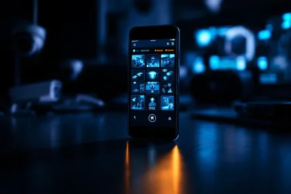 Smartphone toont live beveiligingscamera-interface met blauw LED-licht en bewakingsapparatuur op achtergrond