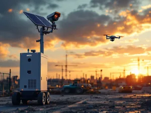 MIOS mobiele beveiligingstoren met zonnepanelen en drone op bouwplaats tijdens gouden uur