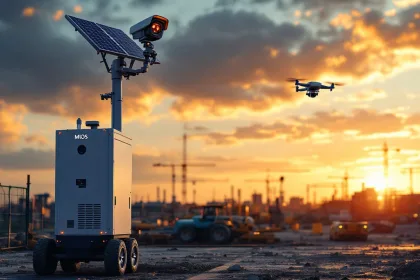 MIOS mobiele beveiligingstoren met zonnepanelen en drone op bouwplaats tijdens gouden uur