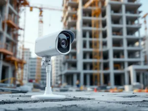 Witte mobiele beveiligingscamera met blauwe LED-indicator bewaakt actieve bouwplaats met kranen en steigers