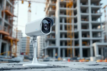 Witte mobiele beveiligingscamera met blauwe LED-indicator bewaakt actieve bouwplaats met kranen en steigers