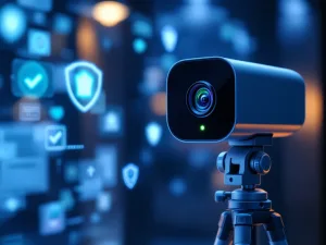 Moderne mobiele beveiligingscamera op statief met groene LED-indicatoren en holografische compliance-verificatie iconen