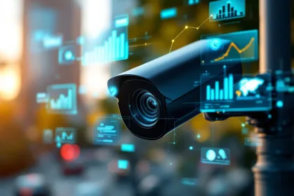 Zwarte beveiligingscamera op paal met holografische datavisualisatie en grafieken in moderne stedelijke omgeving