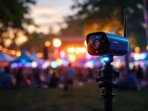 Zwarte mobiele beveiligingscamera op statief bij buitenevenement met kleurrijke tenten en podiumverlichting op achtergrond