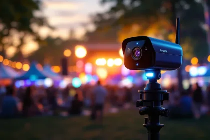 Zwarte mobiele beveiligingscamera op statief bij buitenevenement met kleurrijke tenten en podiumverlichting op achtergrond