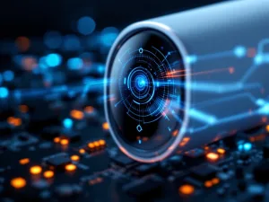 Moderne beveiligingscamera met blauwe gezichtsherkenning scanner en LED-indicatoren op donkere technologische achtergrond