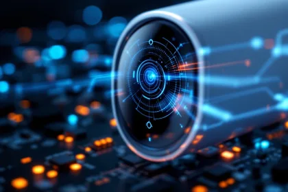 Moderne beveiligingscamera met blauwe gezichtsherkenning scanner en LED-indicatoren op donkere technologische achtergrond