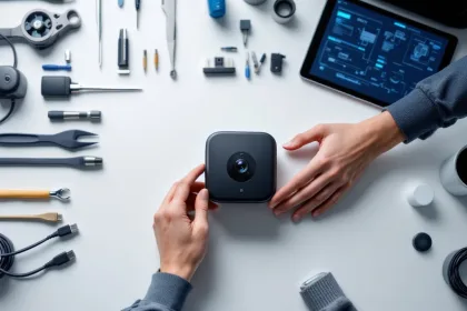 Zwarte mobiele beveiligingscamera op werkplek met installatietools, kabels en tablet met technische diagrammen