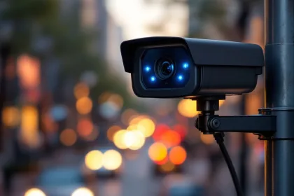 Zwarte beveiligingscamera op metalen paal met blauwe LED-indicatoren, stedelijke achtergrond met warme verlichting