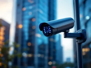 Moderne beveiligingscamera met blauwe LED-indicatoren op paal voor kantoorgebouw tijdens gouden uur