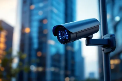 Moderne beveiligingscamera met blauwe LED-indicatoren op paal voor kantoorgebouw tijdens gouden uur