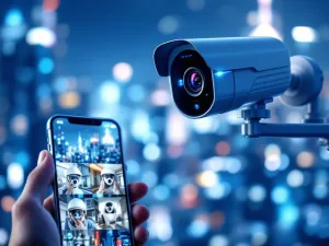 Moderne beveiligingscamera met blauwe LED-indicatoren en smartphone die live feeds toont tegen futuristische stadsachtergrond