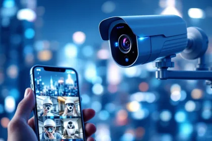 Moderne beveiligingscamera met blauwe LED-indicatoren en smartphone die live feeds toont tegen futuristische stadsachtergrond