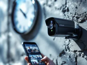 Zwarte beveiligingscamera op betonnen muur met smartphone die bewakingsapp toont met meerdere camerafeeds