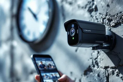 Zwarte beveiligingscamera op betonnen muur met smartphone die bewakingsapp toont met meerdere camerafeeds