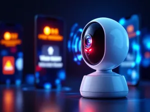 Witte beveiligingscamera met rode waarschuwing stuurt draadloze signalen naar smartphones met meldingen op donkere achtergrond