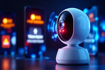 Witte beveiligingscamera met rode waarschuwing stuurt draadloze signalen naar smartphones met meldingen op donkere achtergrond