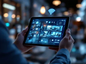 Handen bedienen tablet met mobiele beveiligingscamera-interface en meerdere bewakingsfeeds op professionele achtergrond