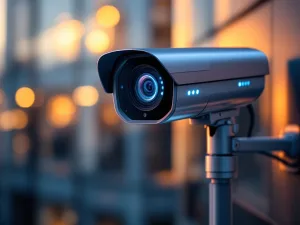 Moderne zilveren beveiligingscamera op telescoopstang voor kantoorgebouw met blauwe LED-indicatoren