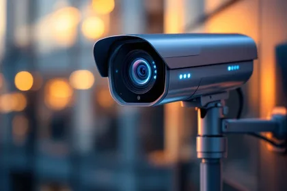 Moderne zilveren beveiligingscamera op telescoopstang voor kantoorgebouw met blauwe LED-indicatoren