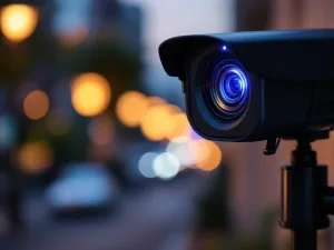 Zwarte beveiligingscamera op telescoopstang met LED-sensoren en blauwe verlichting tegen stedelijke achtergrond bij schemering