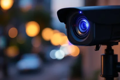 Zwarte beveiligingscamera op telescoopstang met LED-sensoren en blauwe verlichting tegen stedelijke achtergrond bij schemering