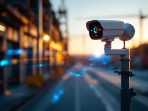 Professionele draadloze beveiligingscamera op telescoopstandaard in industriële omgeving tijdens gouden uur