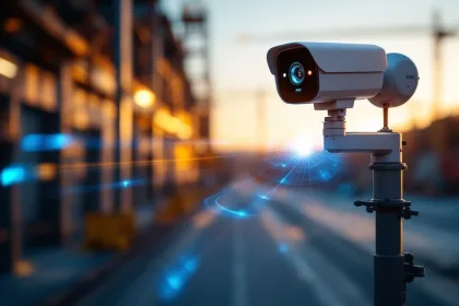 Professionele draadloze beveiligingscamera op telescoopstandaard in industriële omgeving tijdens gouden uur