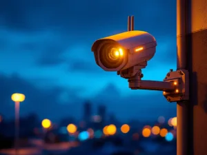 Moderne mobiele beveiligingscamera op telescoopstang tegen blauwe avondlucht met LED-statuslichten en stadslichten op achtergrond