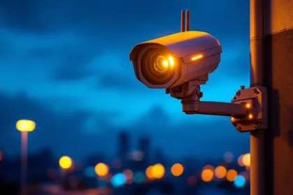 Moderne mobiele beveiligingscamera op telescoopstang tegen blauwe avondlucht met LED-statuslichten en stadslichten op achtergrond