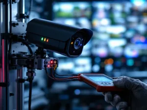 Zwarte mobiele beveiligingscamera op testapparatuur met LED-lampjes, technicus test met multimeter en handschoenen