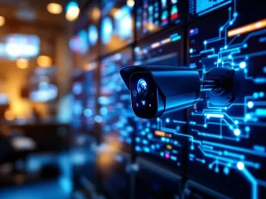 Mobiele beveiligingscamera verbonden met controlepaneel via blauwe digitale verbindingslijnen in professionele omgeving