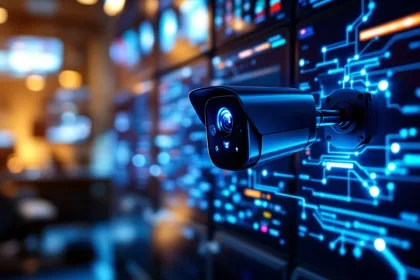 Mobiele beveiligingscamera verbonden met controlepaneel via blauwe digitale verbindingslijnen in professionele omgeving