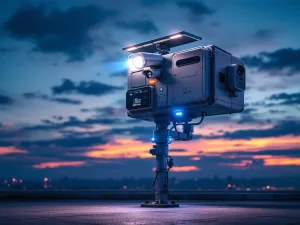 Moderne mobiele beveiligingscamera op telescooppaal met zonnepanelen en LED-indicatoren tegen schemering